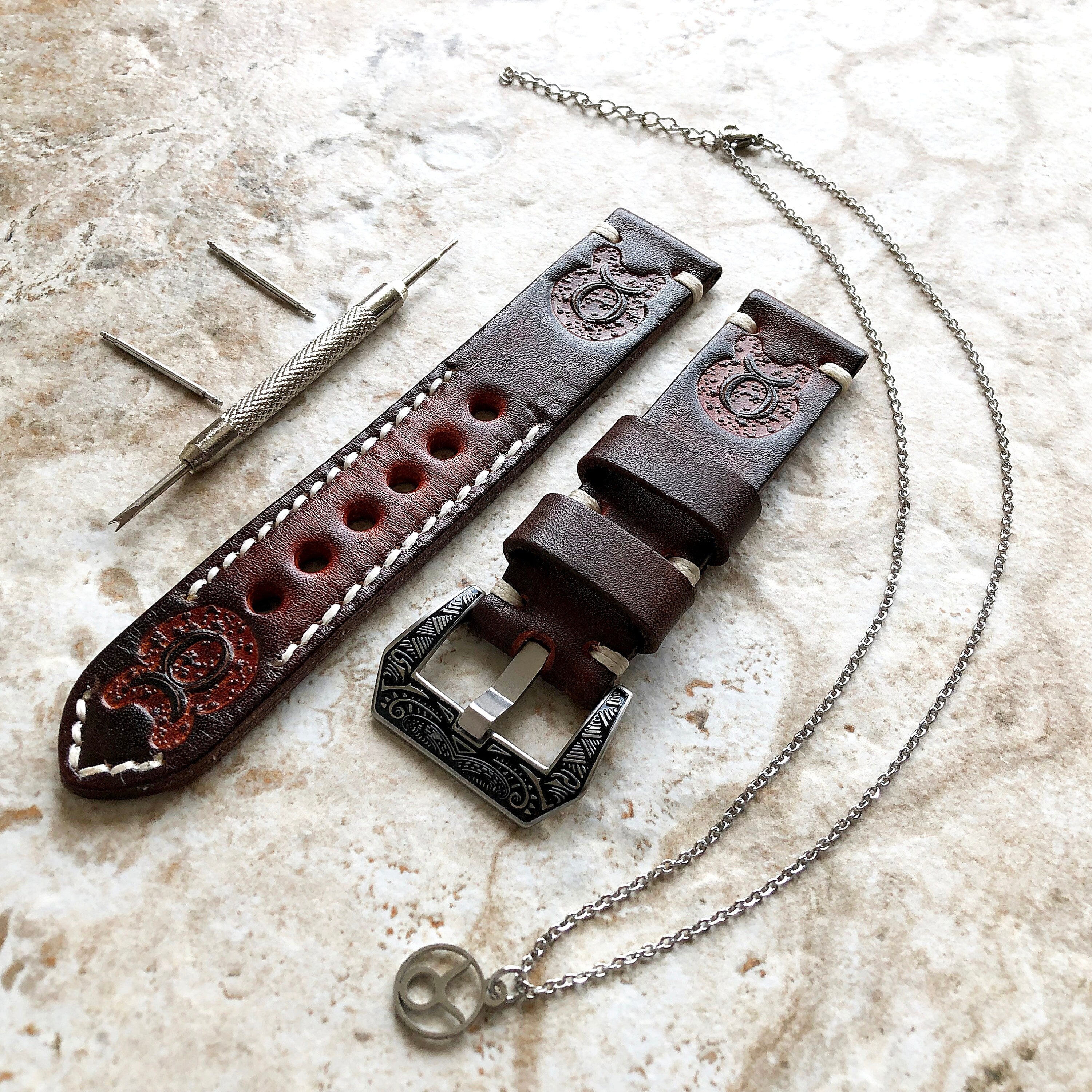 Taurus Zodiac Band 22mm 24mm 25mm Genuine Brown Leather Tooled Embossed Handmade Strap Bracelet Kit for Watches and 25" Pendants Necklace